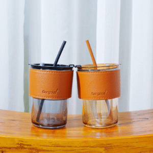 Premium Glass Tumbler Set with Leather Sleeve & Straw
