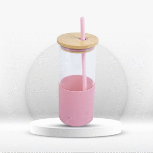 Pink Silicone Sleeve Glass Tumbler with Bamboo Lid